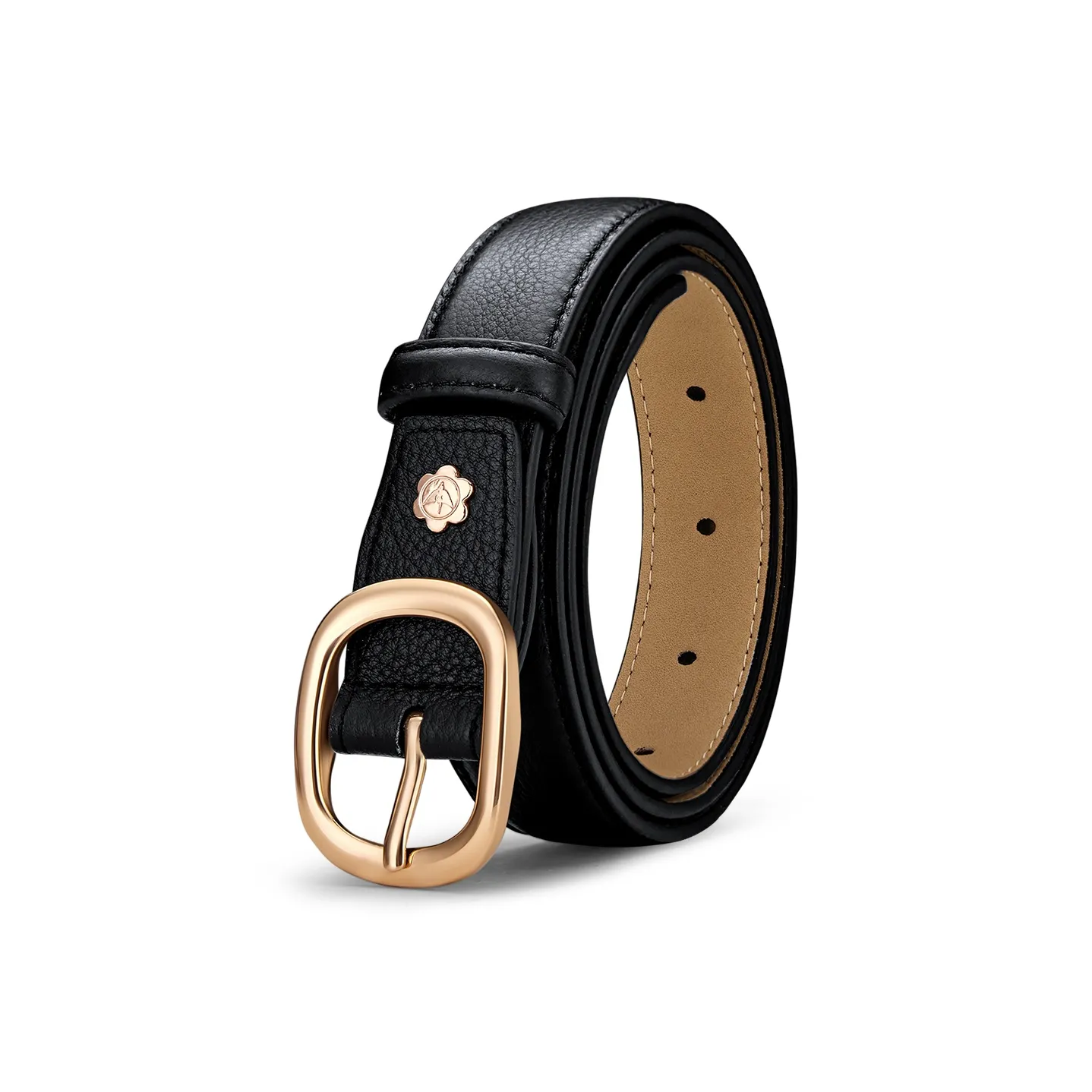 WilliamPOLO Cow Leather Leather Belts Women's Gold Buckle Black Strap 2.8cm Width