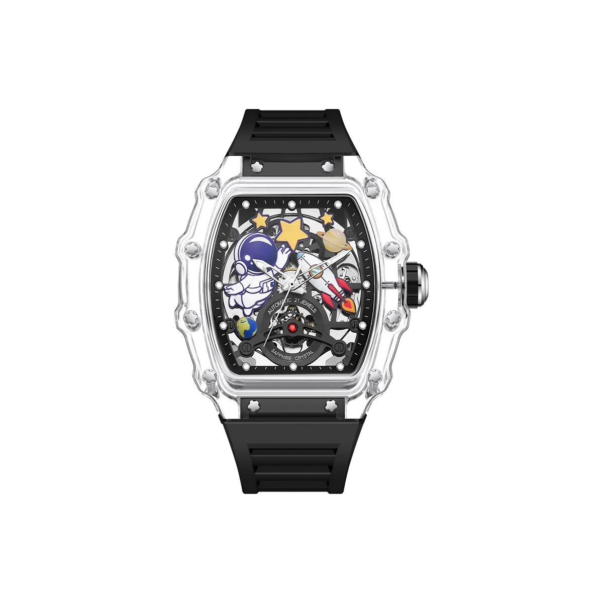 BOZLUN Автоматический Механический Механизм Силиконовый Ремешок Часы Мужские Черный Циферблат