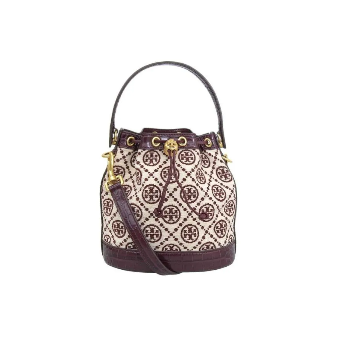 TORY BURCH TB T Monogram Chenille Fabric Bucket Bag, Crossbody Handbag Regular Women's Dark Red/Cream Yellow