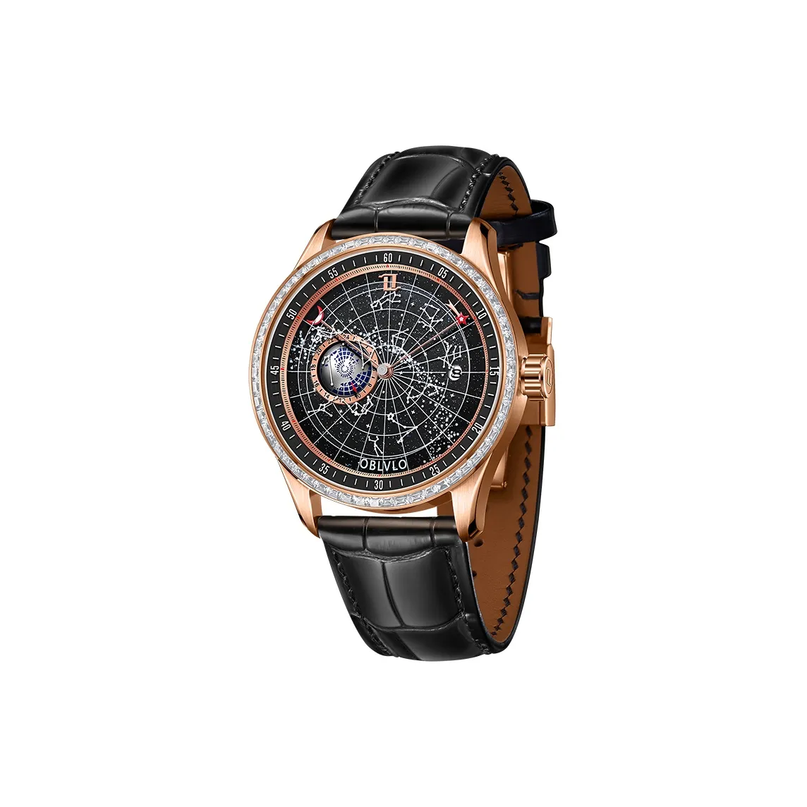 OBLVLO Автоматический механический механизм Часы Мужские Черный циферблат