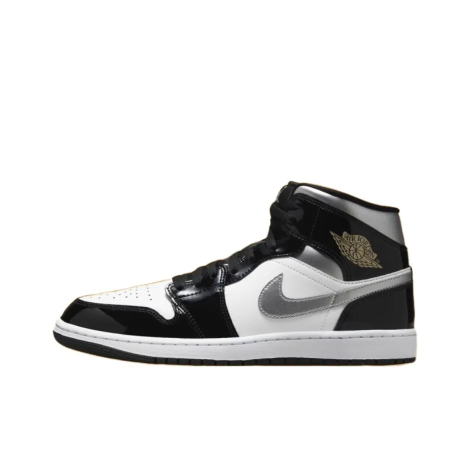 JORDAN 1 Mid Se Patent Black White Metallic Silver Metallic Gold