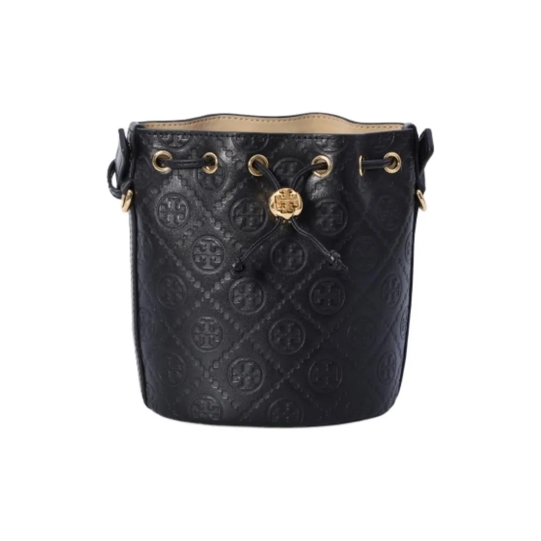 TORY BURCH T Monogram Leather Bucket Bag, One Shoulder Handbag Mini Women's Black