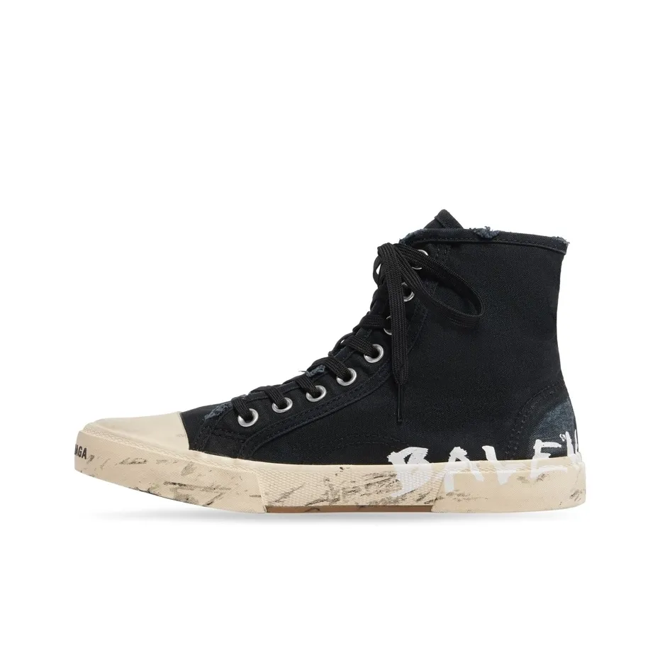 Balenciaga Paris High Top Sneakers 'Black Destroyed Cotton And White Rubber With Graffiti'