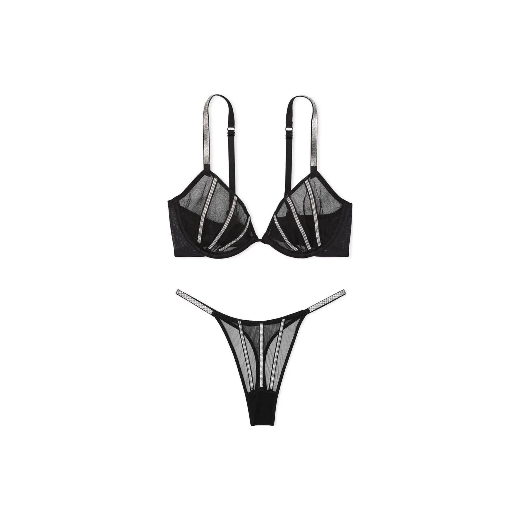 Victoria's Secret VERY Сексуальная Коллекция с Стразами Прозрачный SHINE Низкие Cut Demi Нижнее белье Набор Женские Черный