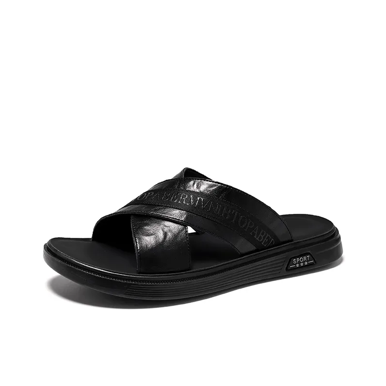 V ZERO FIVE Rubber Sole Leather Patchwork Slip Resistant Abrasion Resistant Slide Slippers Men's Black Youth Trends
