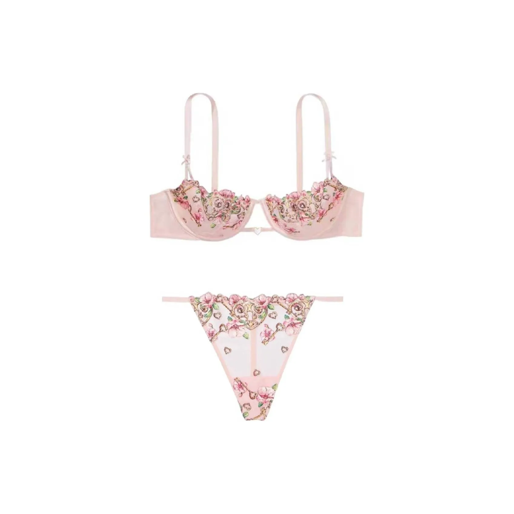 Victoria's Secret Комплект нижнего белья Женское Розовый Персиковый Цветок Вышивка