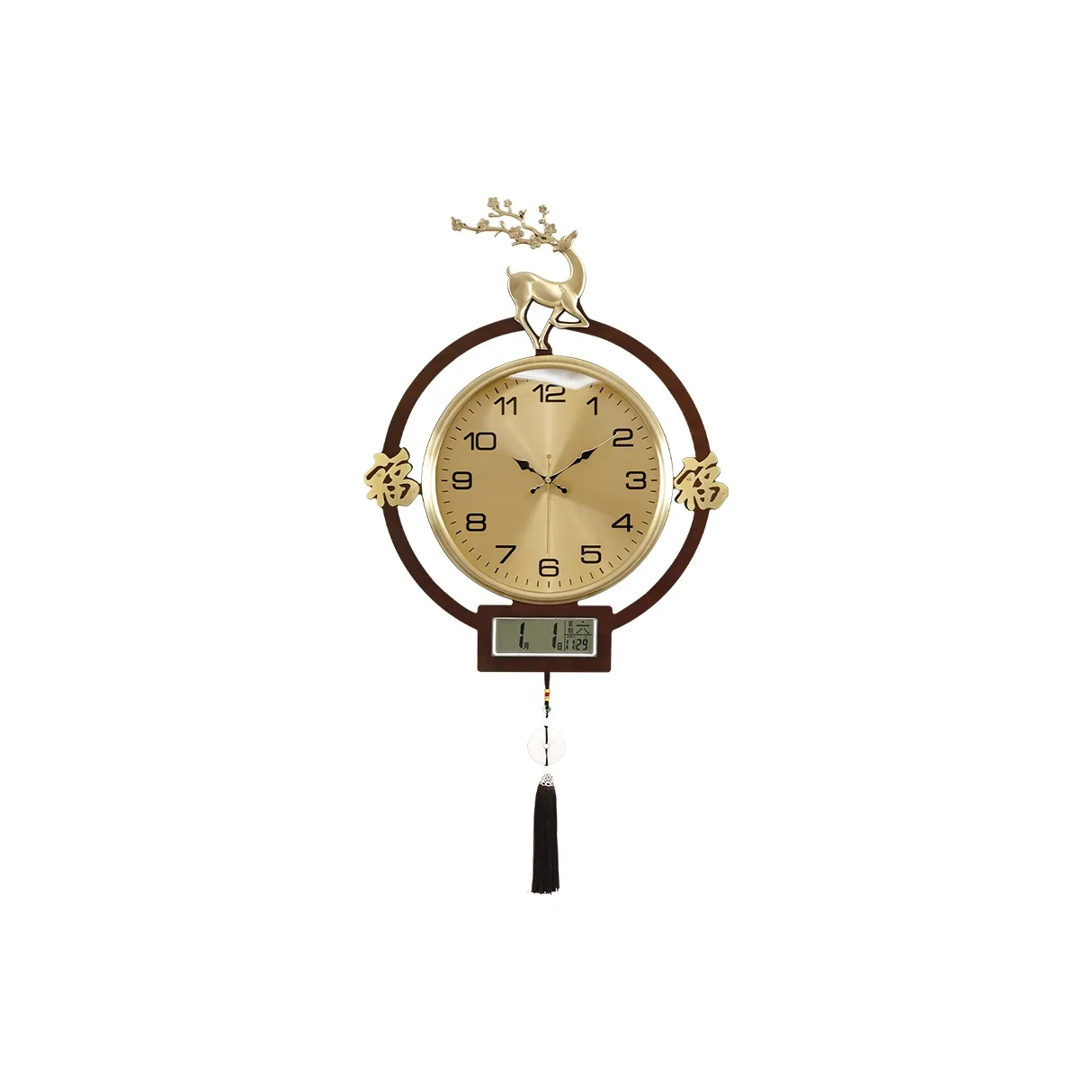HENSE Кварцевый механизм Гостиная Часы Латунь Голова оленя Стенные часы Унисекс Золотой циферблат HW8598