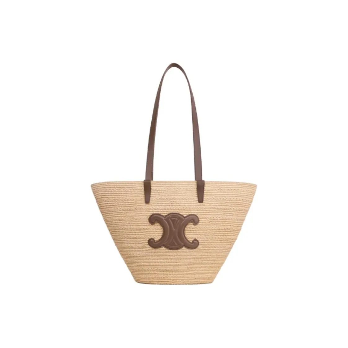 CELINE Raffia Calfskin Trim Handbag, Shoulder Bag Medium Size Women's Glazed Surface Brown