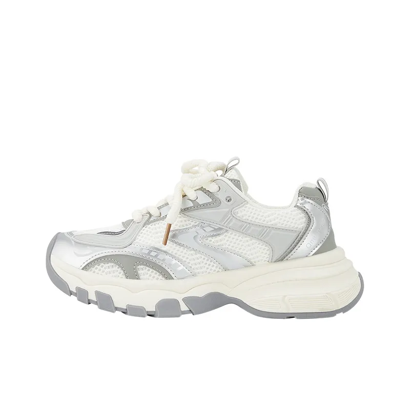 KARLIE KELLER Breathable Moisture Wicking Height Increasing Low Top Chunky Sneakers Women's Silver White