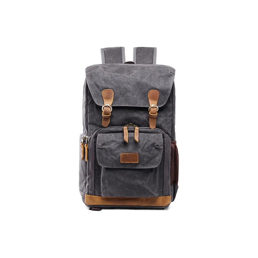 H YXIANG Wax Dyed Canvas With Leather Backpack Men's Black Gray/Army Green/Khaki