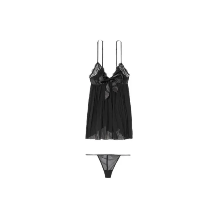 Victoria's Secret VERY SEXY Pleated Babydoll Set Nightgown Women's Black