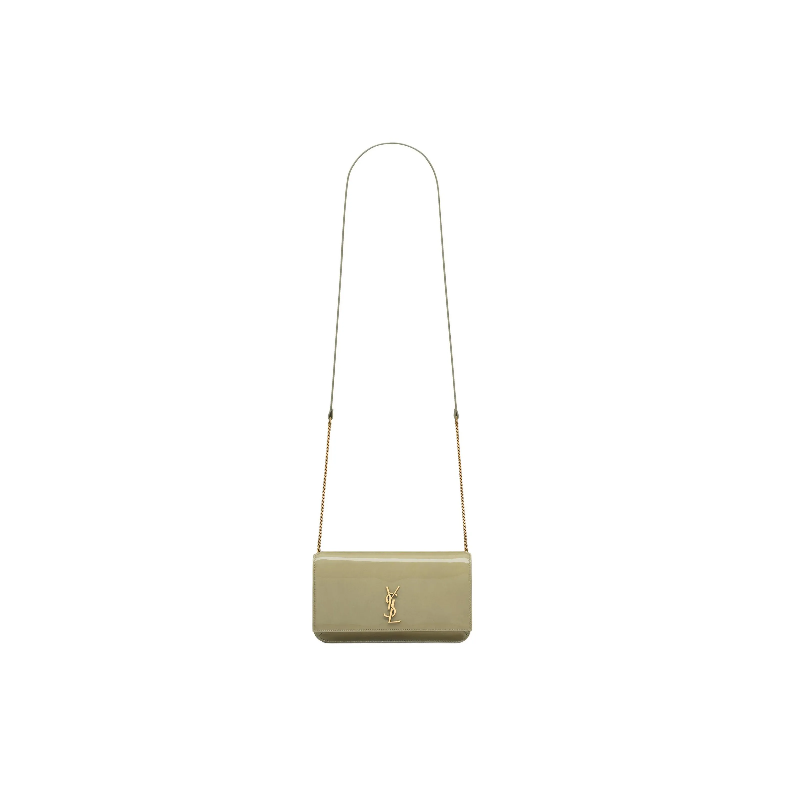 SAINT LAURENT CASSANDRE Patent Leather Crossbody Bag, Shoulder Bag Women's Soft Sage Green