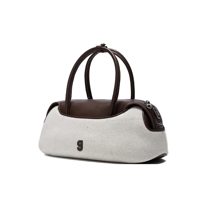 KUNOGIGI Сумка из крупнозернистой текстури коровьей кожи с тканью одно плечо средний размер женская холщовая белая