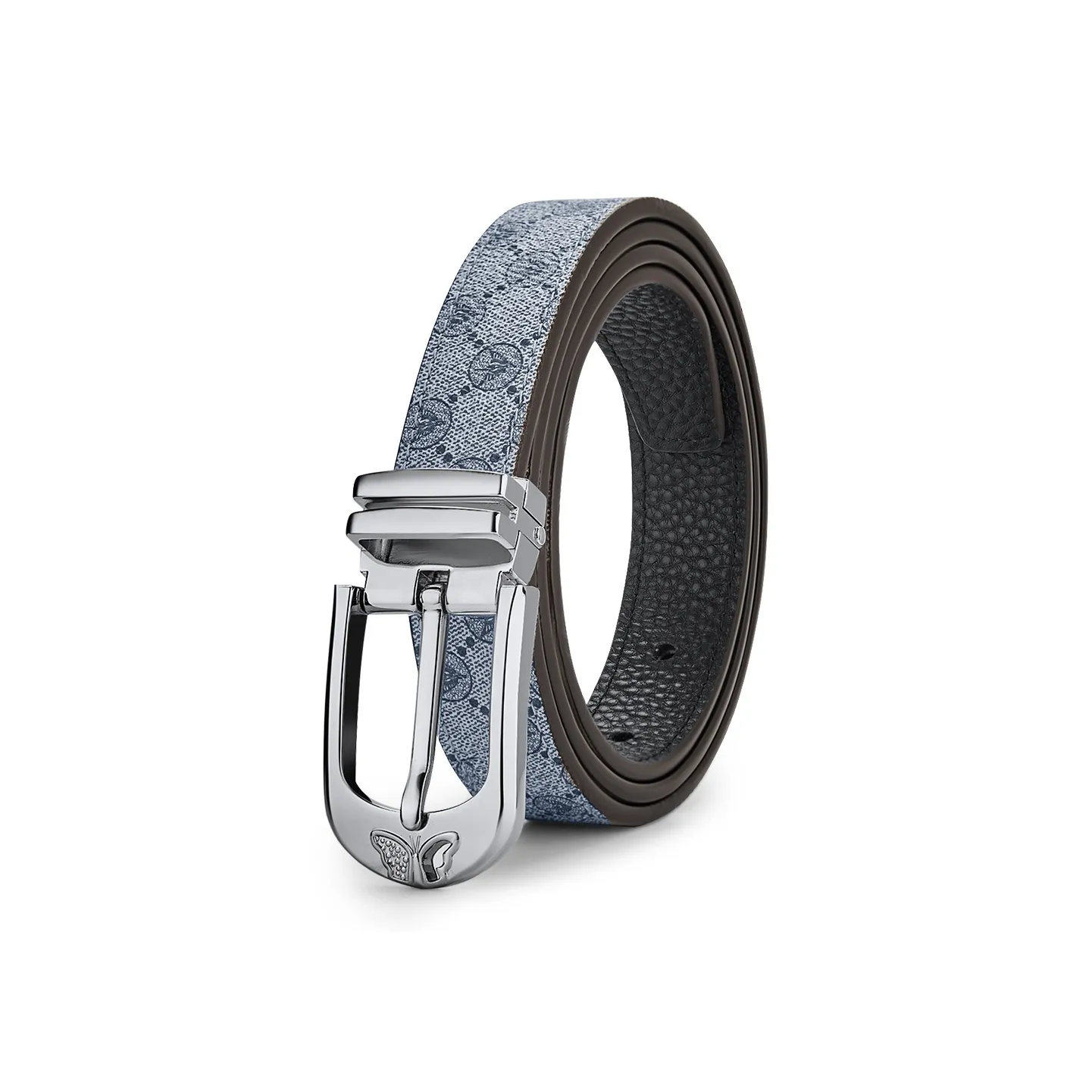 WilliamPOLO Cow Leather Leather Belts Women's Silver Buckle Grey Strap 2.4cm Width