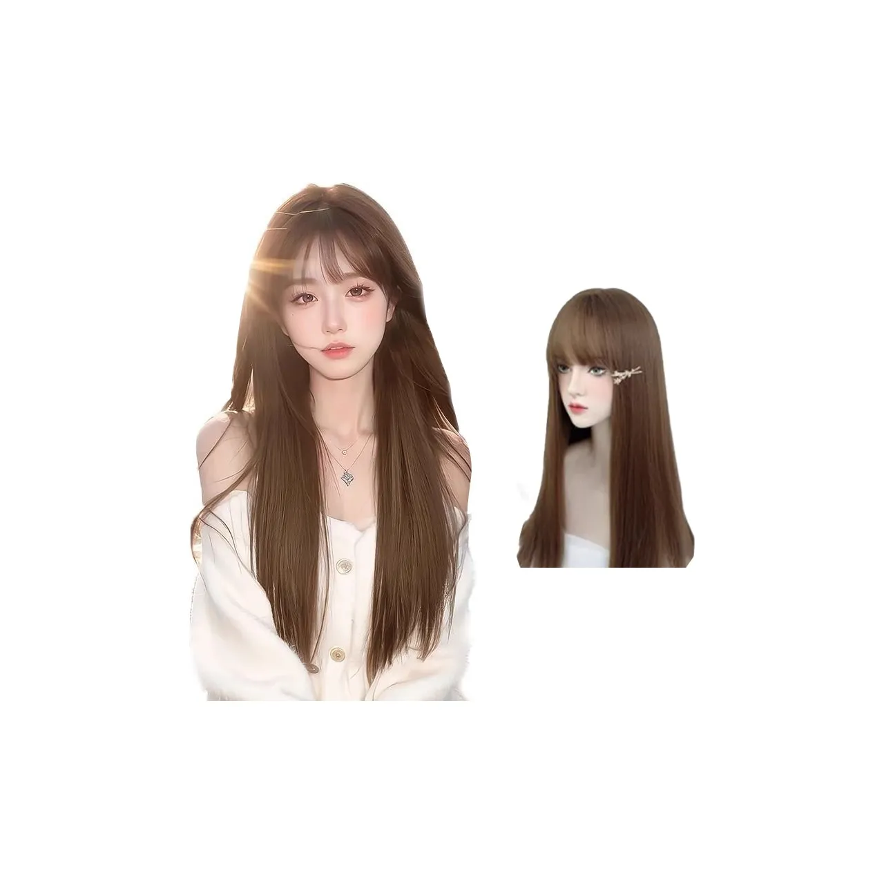 GLUNA Прямые волосы с боковой стороны бахрома полная парик медово-чайный коричневый