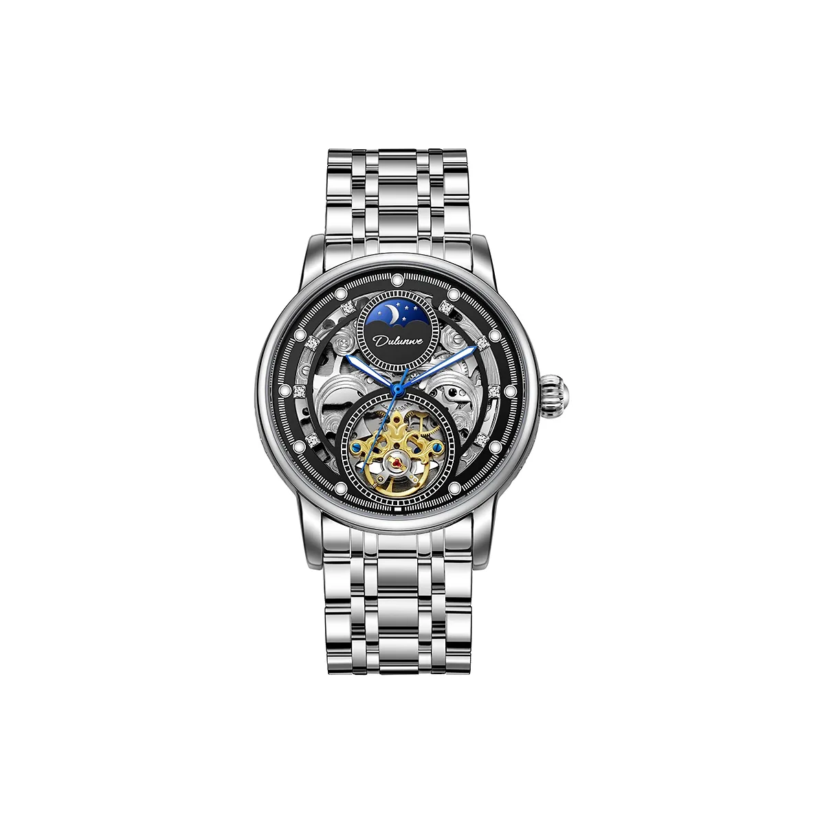 Dulunwe Автоматический Механический Механизм Стальной Ремешок Часы Мужские Черный Циферблат