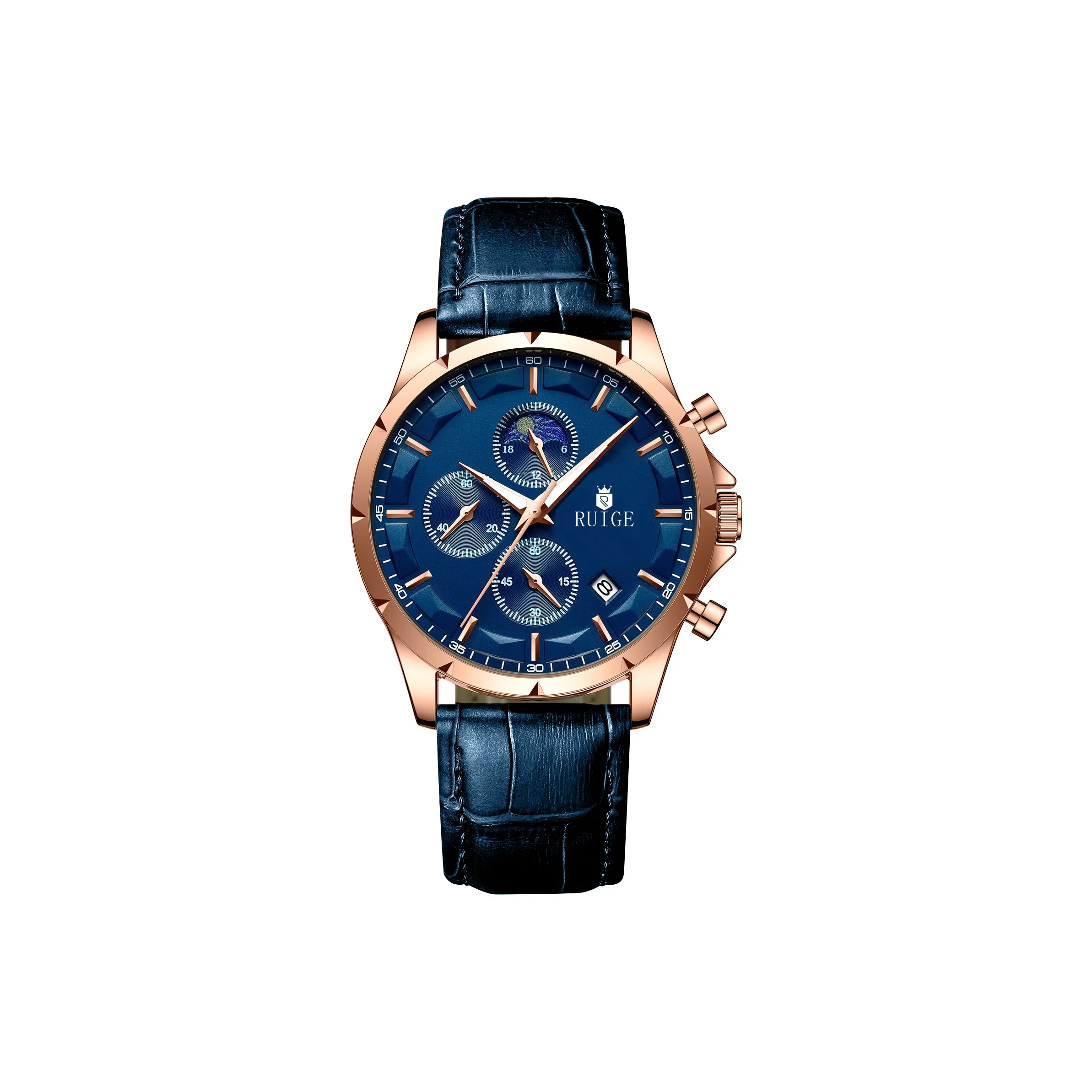 RUIGE Кварцевый механизм кожаный ремешок мужские часы синий циферблат