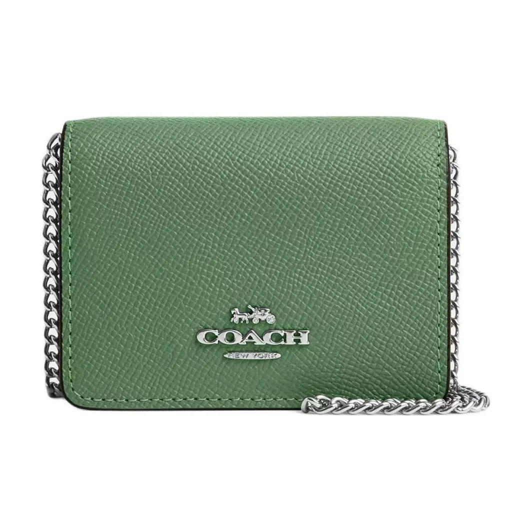 COACH Cross Grain Leather Wallet, Shoulder Bag, Crossbody Bag Mini Women's Silver & Light Green
