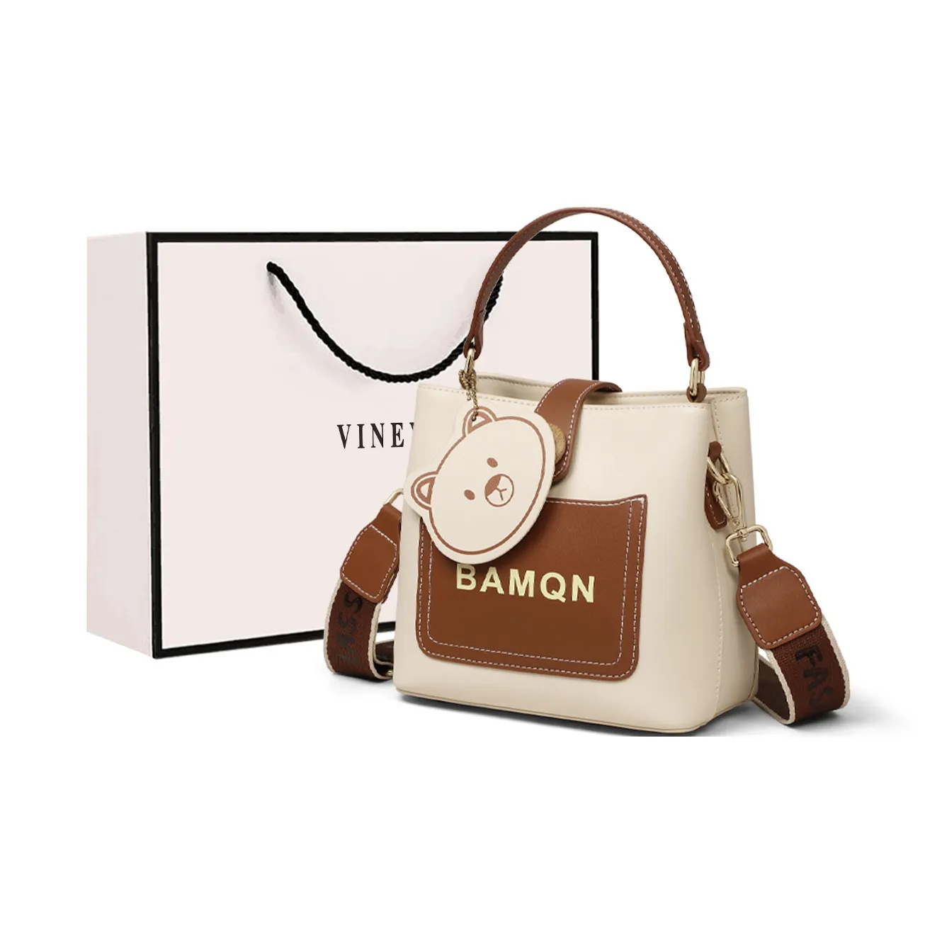 VINEY Cow Leather Handbag, Shoulder Bag, Crossbody Bag, Bucket Bag Tubas Women's White & Brown