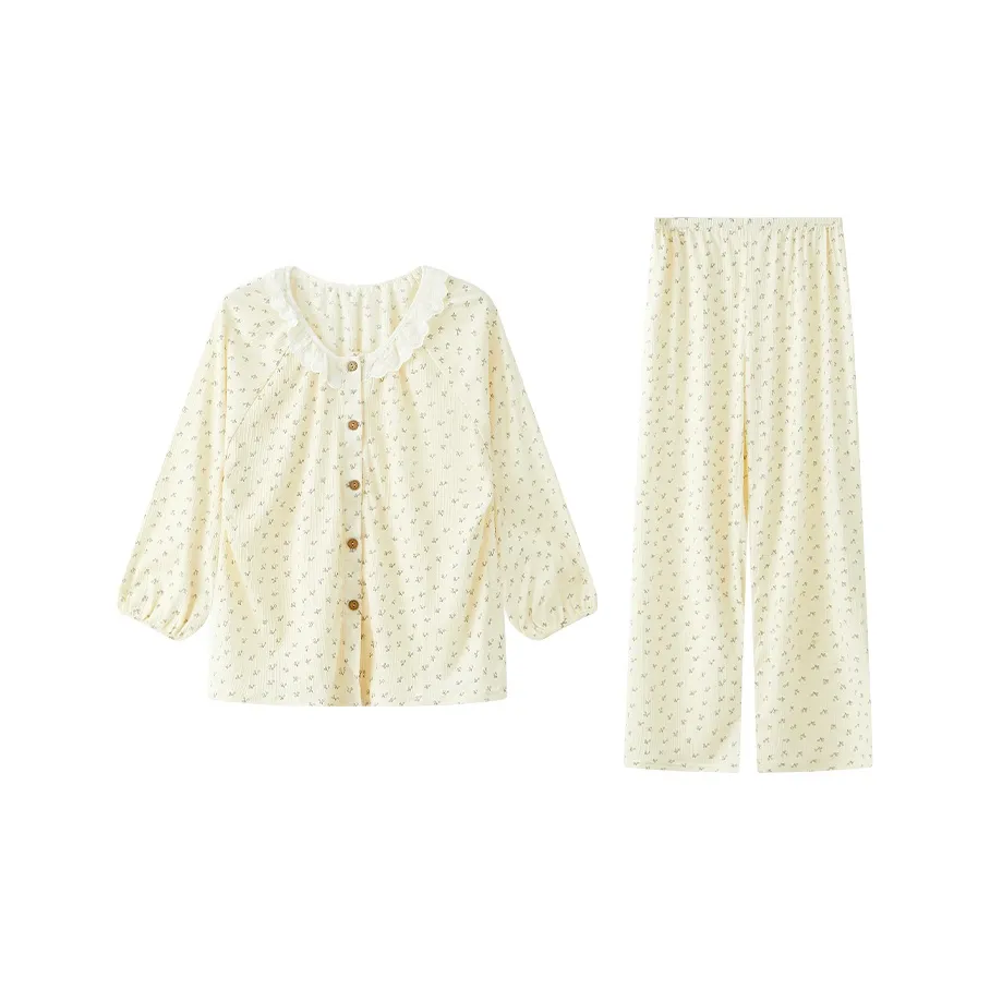 Sleep Cardigan Long Sleeved Pants Fashionable And Versatile For Students' Dormitory And Home Pajama Set Women's Beige