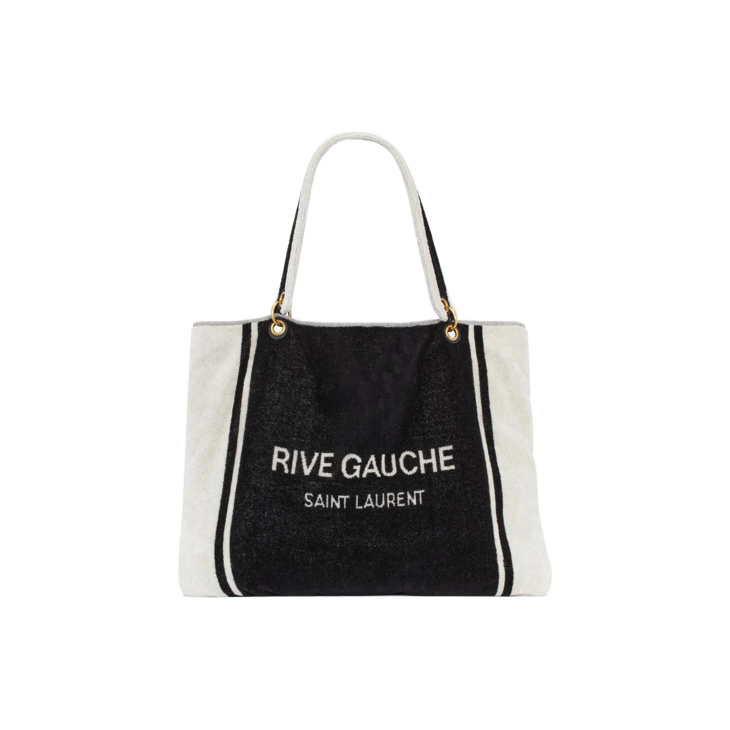 SAINT LAURENT Rive Gauche Sheepskin Fabric Tote Bag Shopping Bag Handbag Women's Black & White