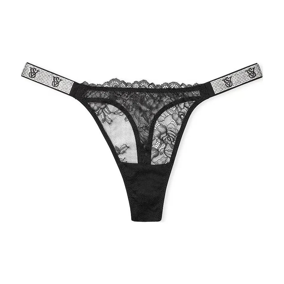 Victoria's Secret Very Sexy Shine Strap Rose Lace Thong Panty / Black Underpants Women's 1 Pack Black