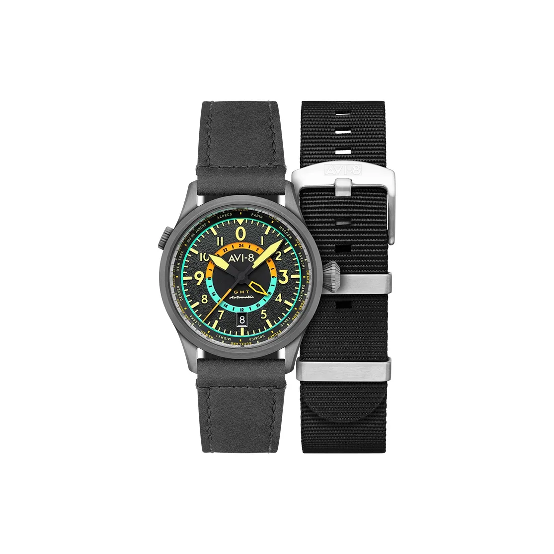 AVI 8 FLYBOY Collection Wrist Watch Automatic Mechanical Movement Genuine Leather Strap Gray Dial Men's Watches