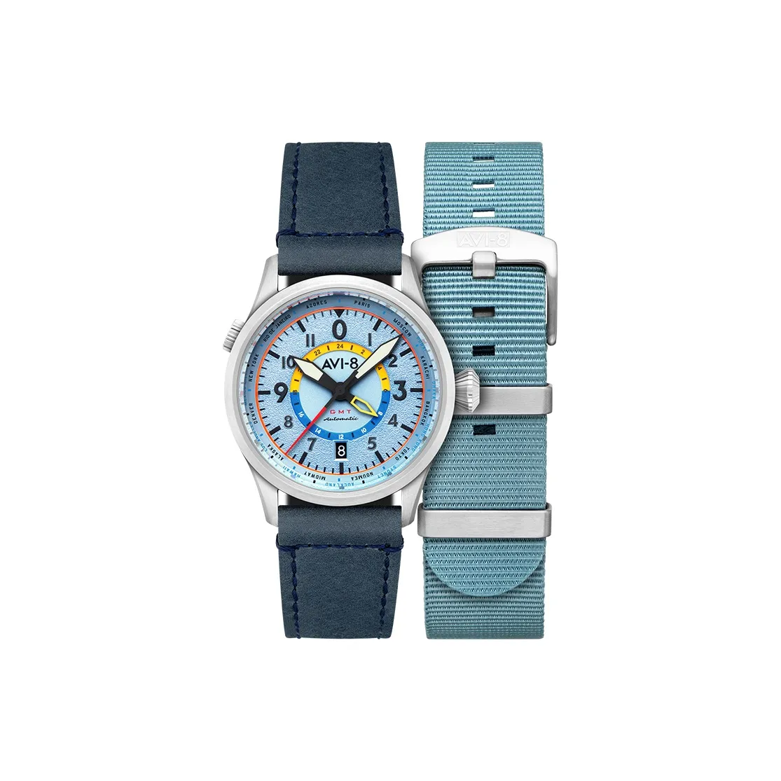 AVI 8 FLYBOY Collection Wrist Watch Automatic Mechanical Movement Genuine Leather Strap Blue Dial Men's Watches