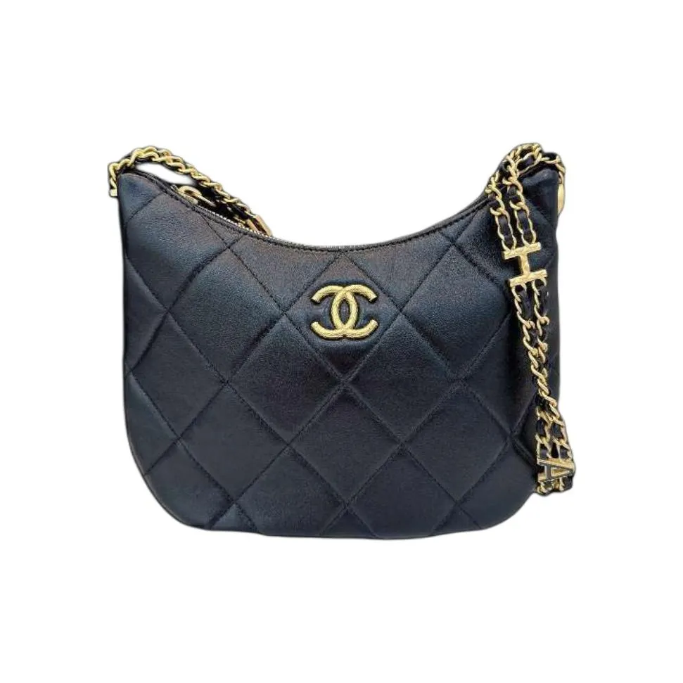 CHANEL Black Gold Smooth Cow Leather Hobo Bag, Hippie Bag, Handbag, Shoulder Bag Women's Black