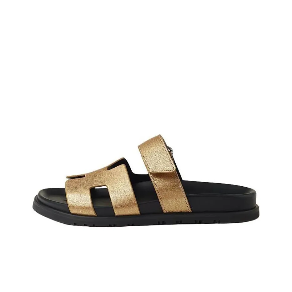 HERMES Slide Slippers Women's Gold Stamped