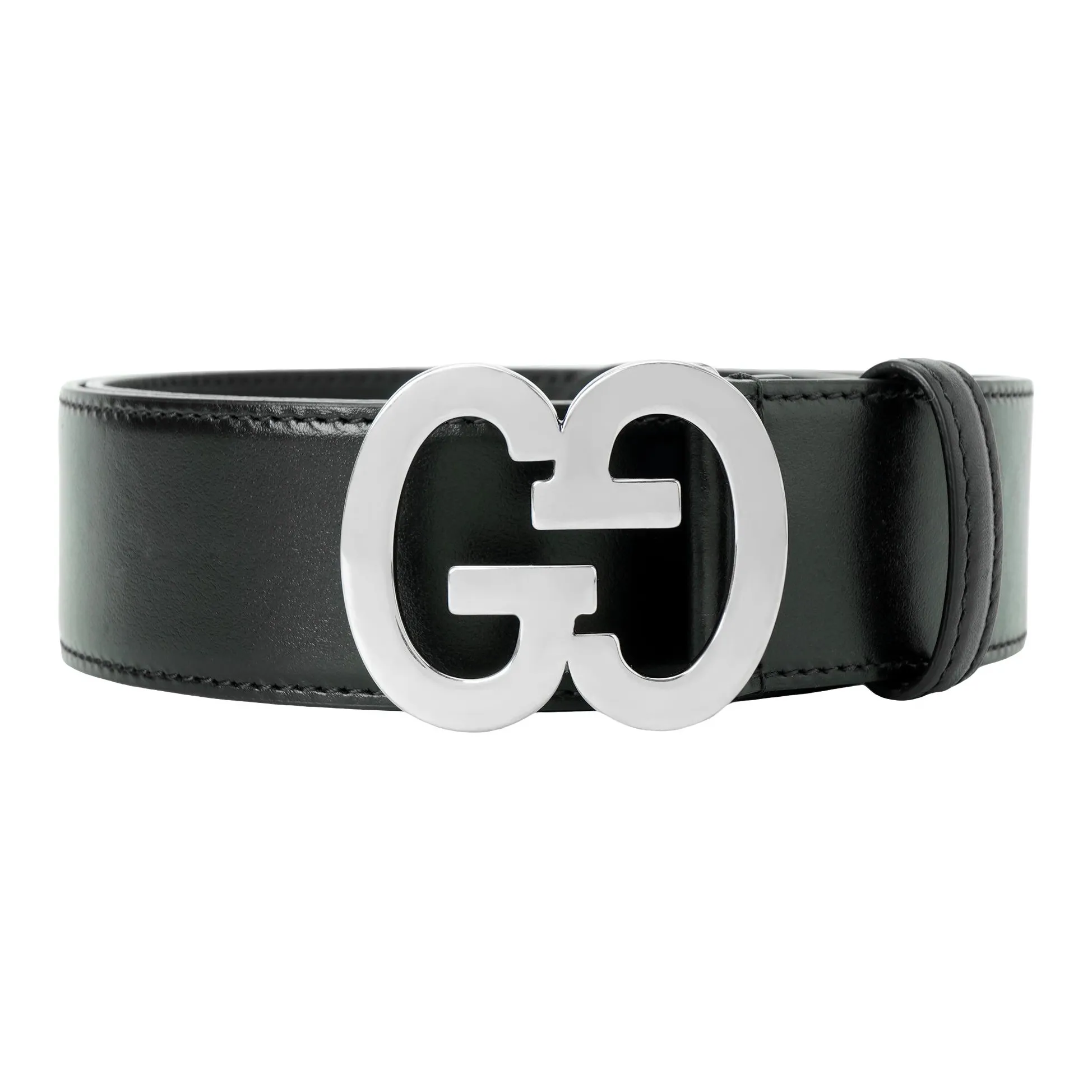 GUCCI GG Double G Logo Loose Fit Seamless Fastener Leather Belts Men's Black Width 4CM
