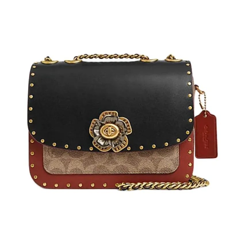 COACH Madison Shoulder Bag Tea Rose Turnlock Rivets & Snakeskin Details Women's Black/Red