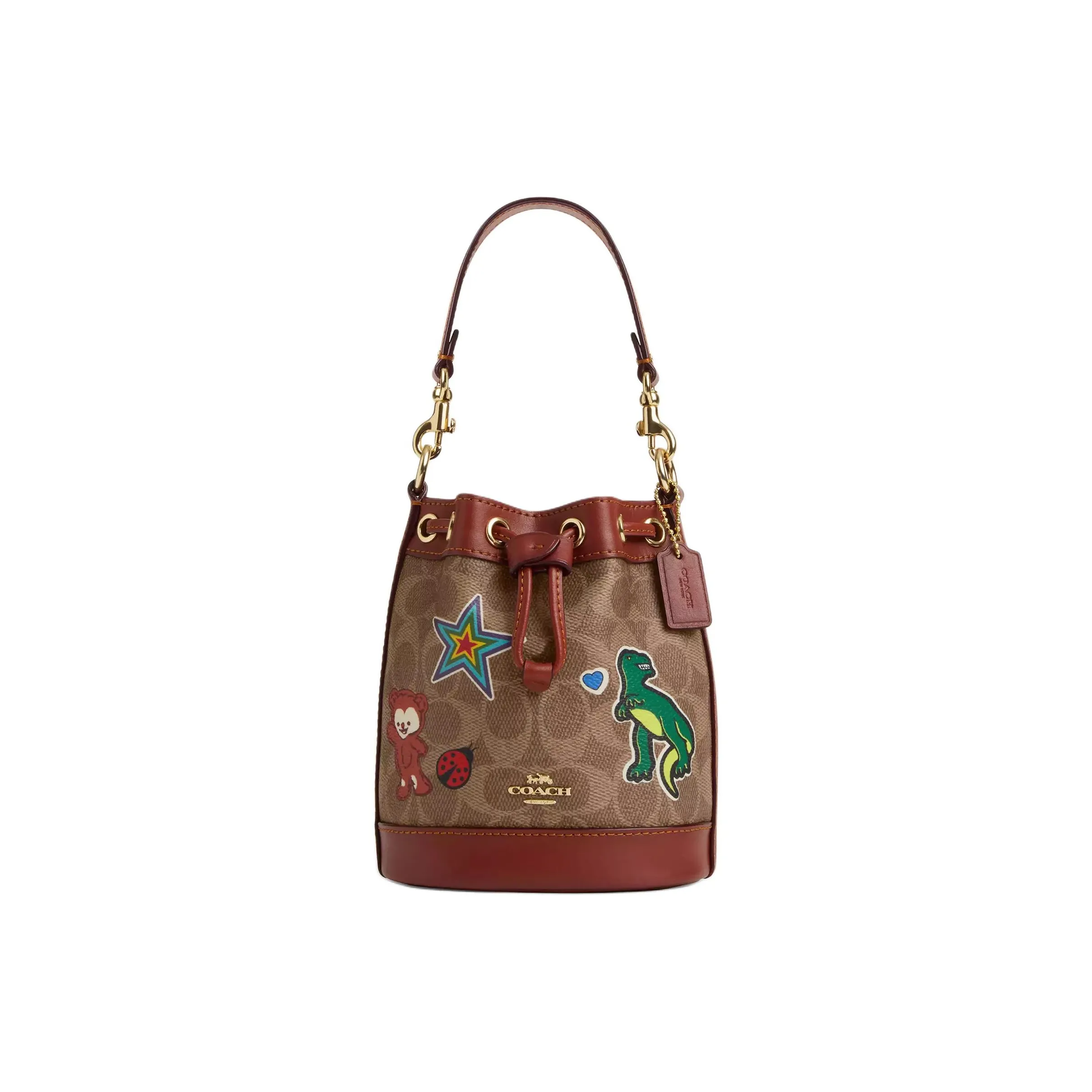 COACH Coated Canvas Bucket Bag Handbag Mini Women's Gold & Tan & Multicolor