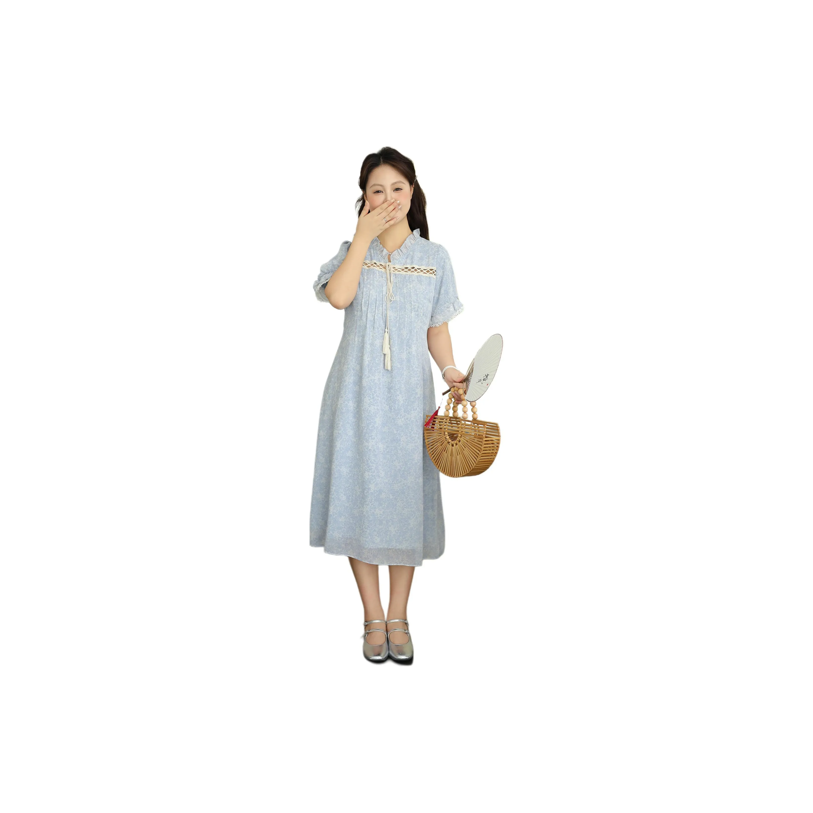 DAMABAIFENBAI Short Sleeved Dress Women's Elegant Blue