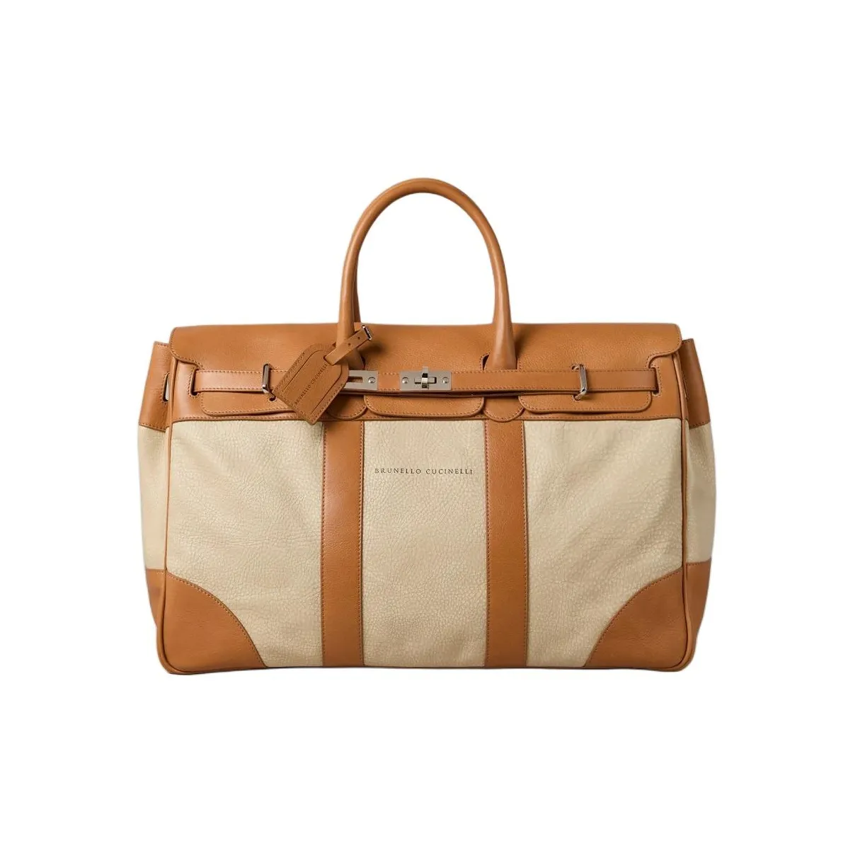 Brunello Cucinelli Genuine Cow Leather Travel Bag Men's Ivory With Orange