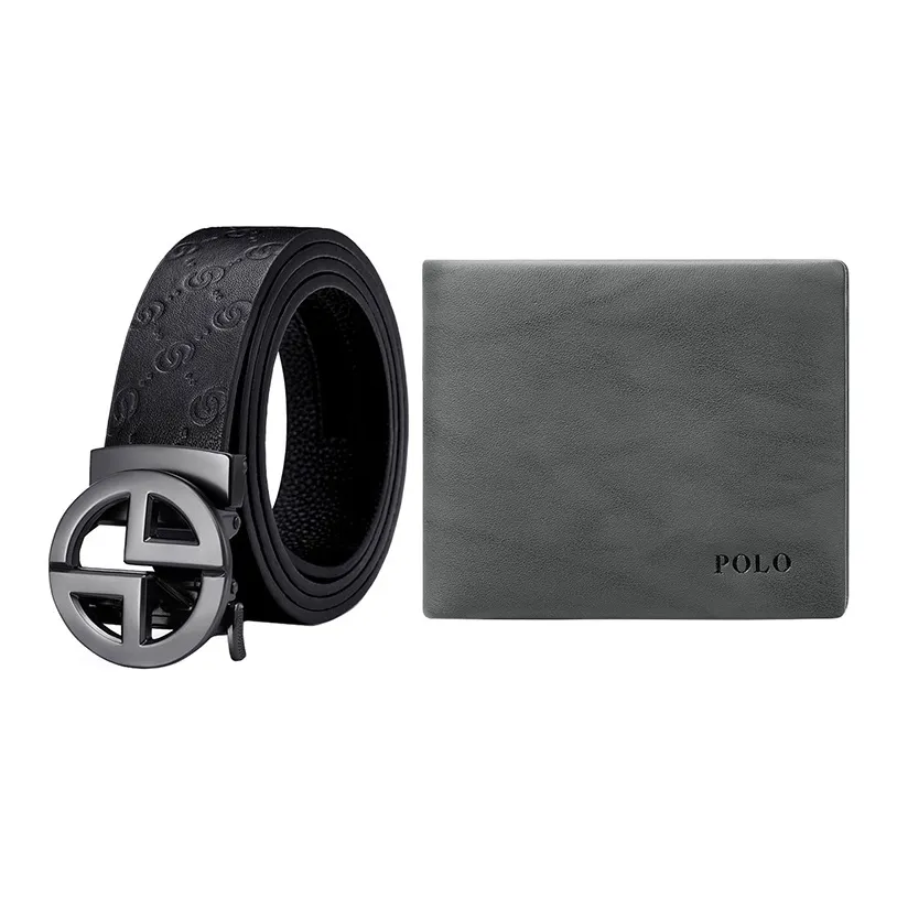 POLO Top Grain Cow Leather Men's Belt Set Men's Gunmetal Width 3.4cm