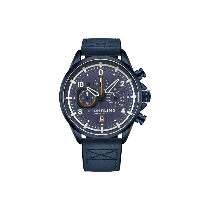 STUHRLING Schutz Pilot Watch Мужские Наручные часы Кварцевый механизм Кожаный ремешок 45 мм Синий циферблат Мужские часы 929,03