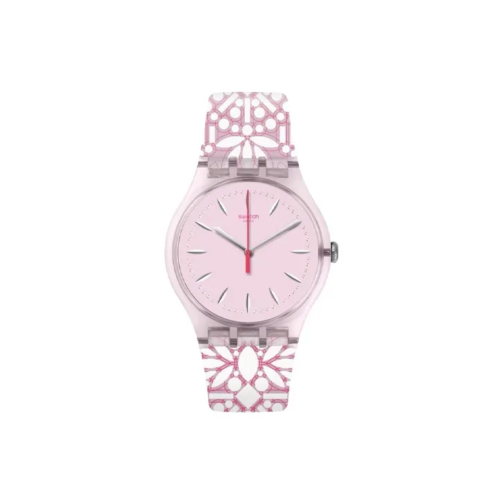 SWATCH Fleurie Collection Кварцевый механизм Унисекс Часы 41 мм Розовый циферблат Часы Пластиковый корпус Часы Силиконовый ремешок