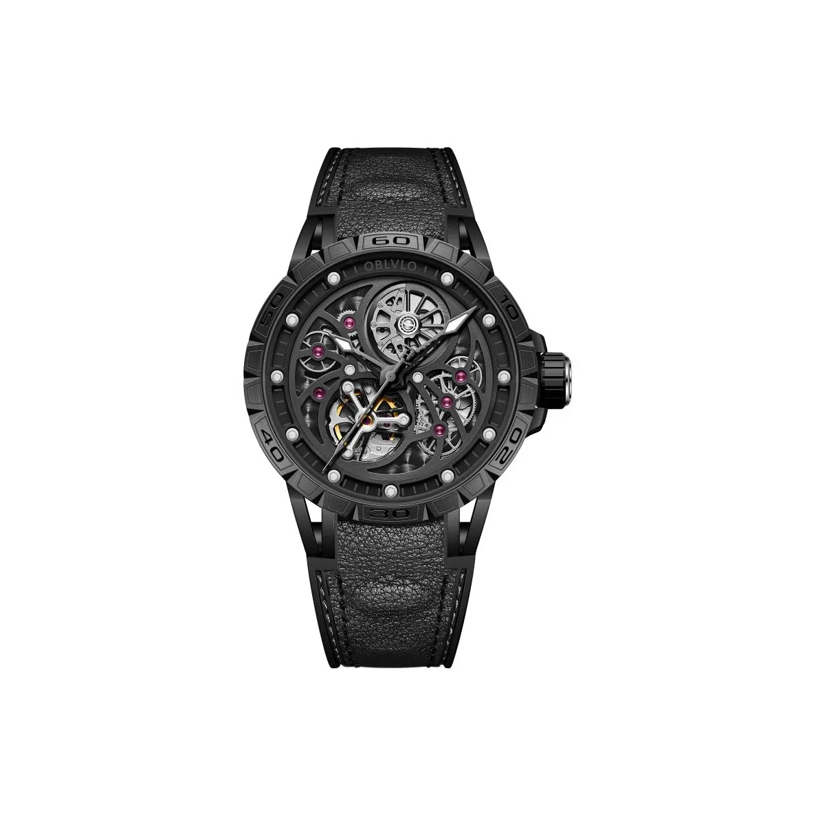 OBLVLO Автоматический механический механизм Часы Мужские Черный циферблат