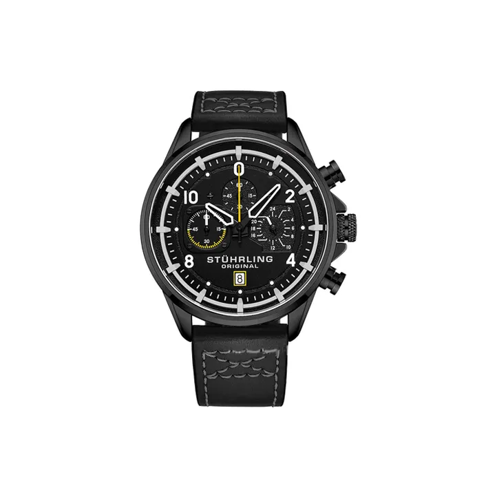STUHRLING Schutzlinger Aviator Collection Мужские Наручные часы Кварцевый механизм Кожаный ремешок 45 мм Черный циферблат Мужские часы