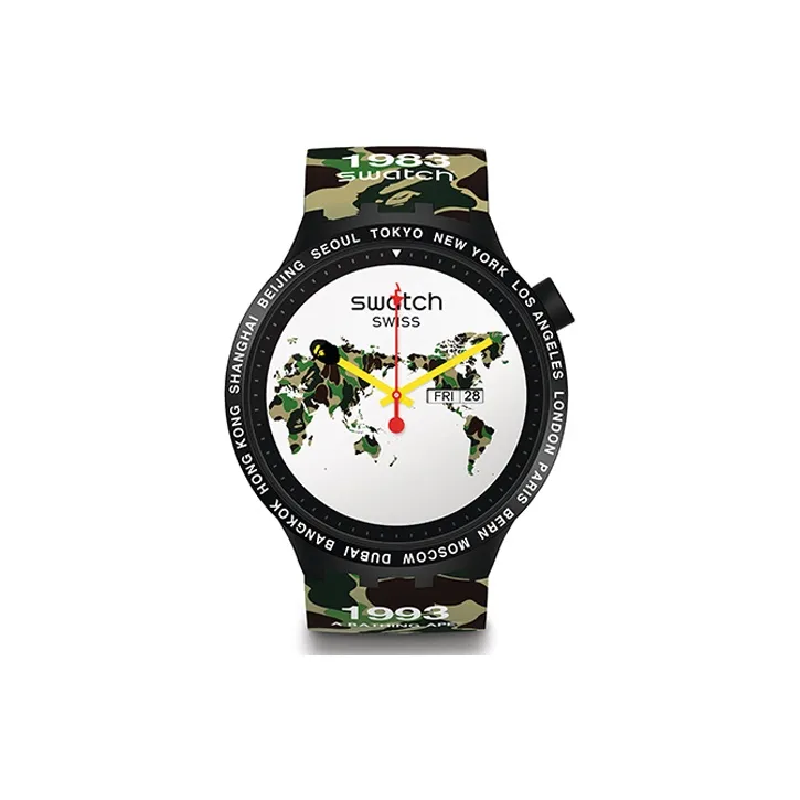 SWATCH BAPE совместная коллекция Циферблат из кварцевого механизма Унисекс Часы 47 мм Белый циферблат Пластиковый корпус Часы Силиконовый ремешок