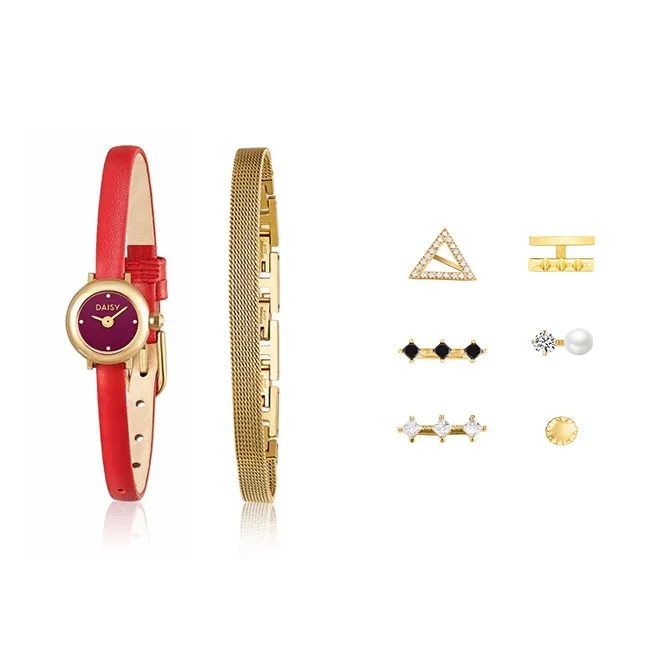 DAISY BEAUTY Наручные часы Кварцевый механизм Нержавеющая сталь Естественная кожа Ремешок Красный Циферблат Женские часы DB DWW006 R