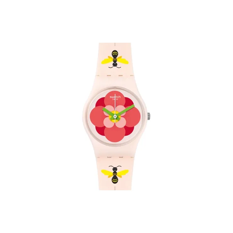 SWATCH Цветочный дизайн JUNGLE Collection Кварцевый механизм Унисекс Часы 25 мм Розовый циферблат Часы Пластиковый корпус Часы Силиконовый ремешок