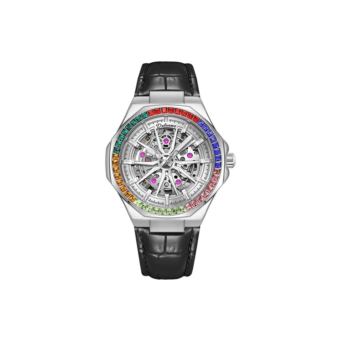 Dulunwe Автоматический механический механизм кожаный ремешок мужские часы с циферблатом в виде скелета