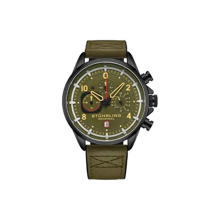 STUHRLING Schutz Pilot Watch Мужские Наручные часы Кварцевый механизм Кожаный ремешок 45 Зеленый циферблат Мужские часы 929,04