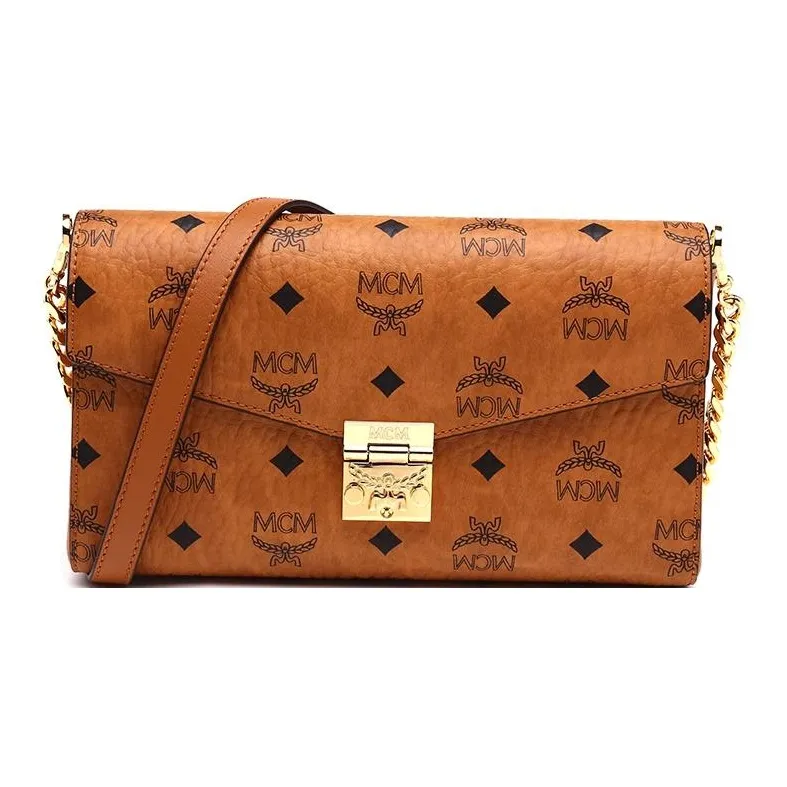 MCM Millie Visetos Canvas With Leather Chain Bag, Shoulder Bag, Crossbody Bag Medium Size Women's Brown Cognac