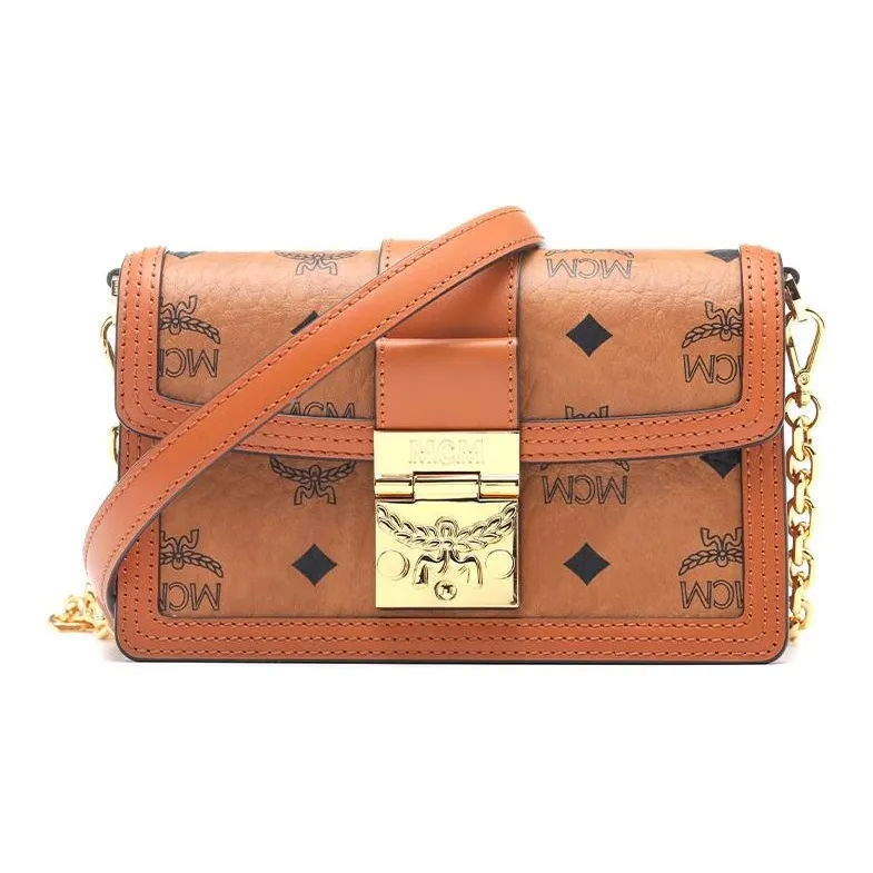 MCM Tracy Visetos Cow Leather Crossbody Bag Mini Women's Brown Cognac