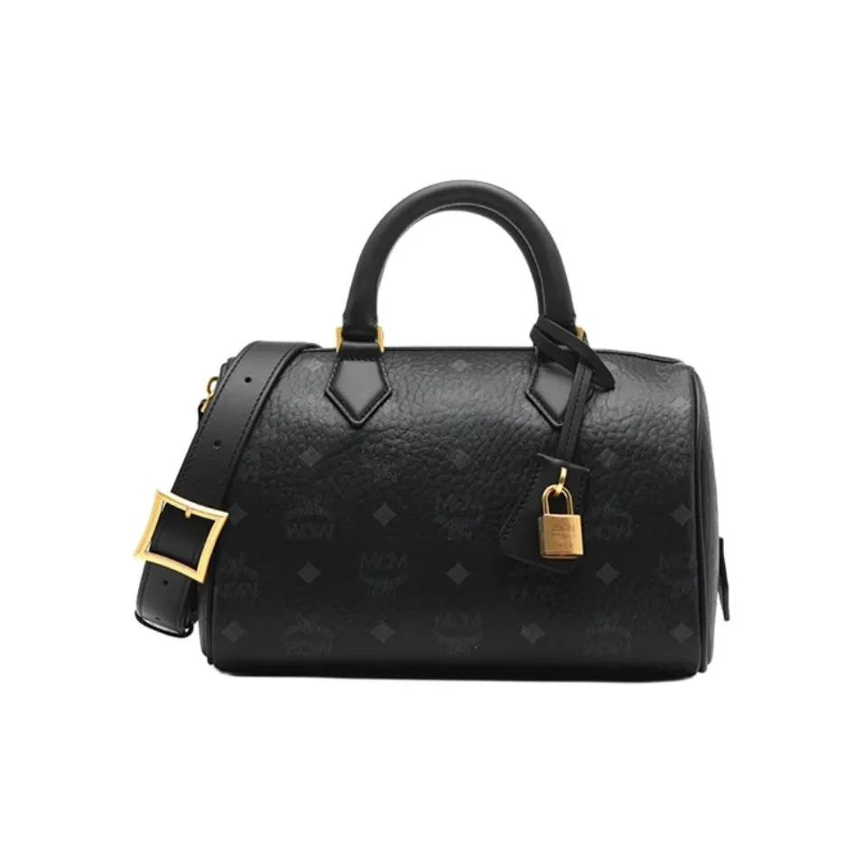MCM Ella Visetos Coated Canvas With Leather Boston Bag, Crossbody Handbag Trumpets Women's Black