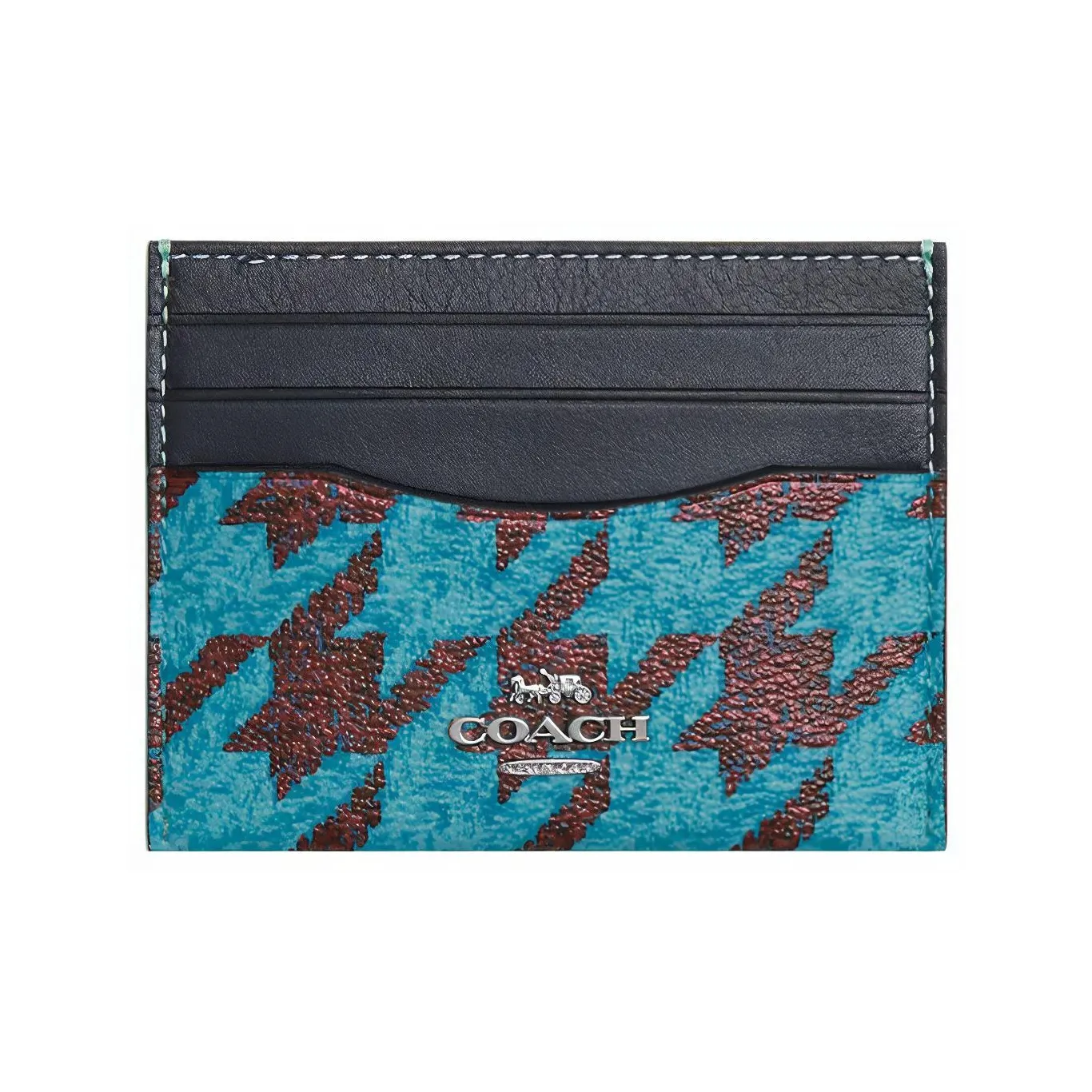 COACH Card Case Canvas With Leather Wallet, Card Holder Trumpets Women's Cyan & Burgundy