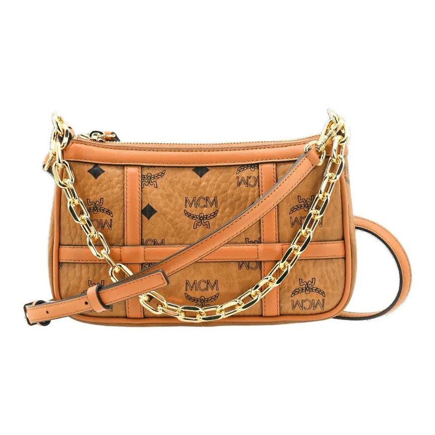 MCM Delmy Visetos Artificial Leather Pochette, Shoulder Bag, Crossbody Bag Women
s Cognac